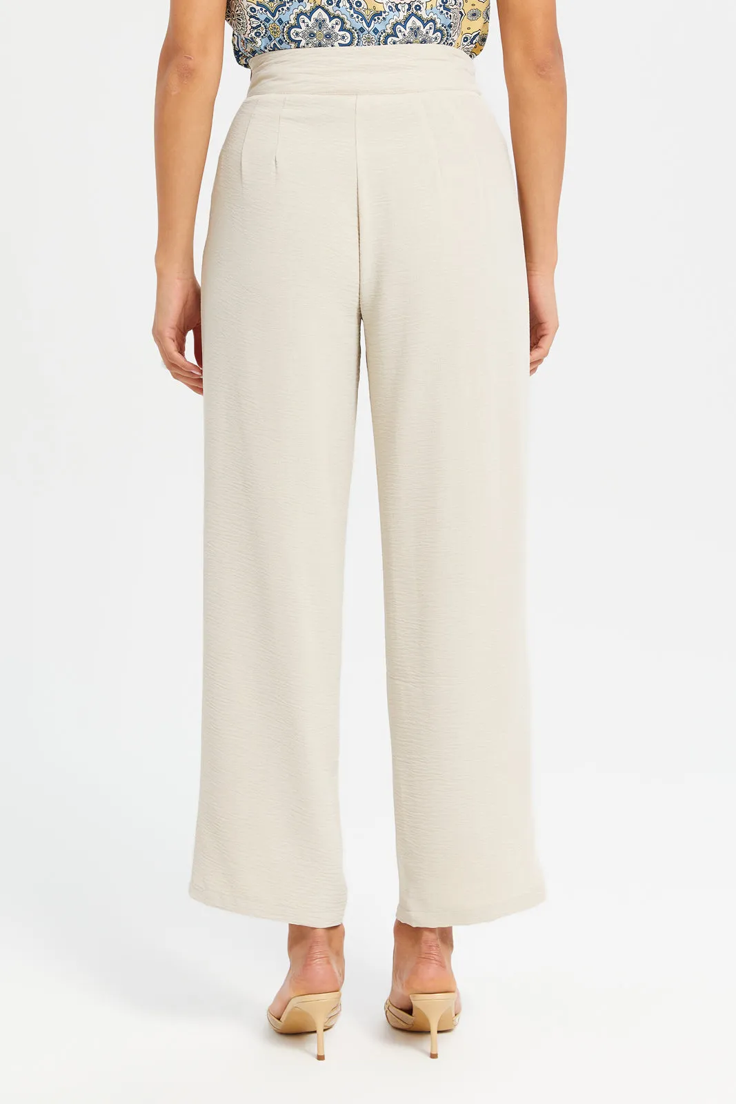 Women Beige Wide Leg Pleated Trousers