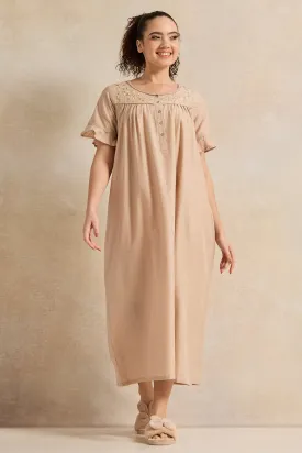 Women Beige With Neck Detail Nightgown