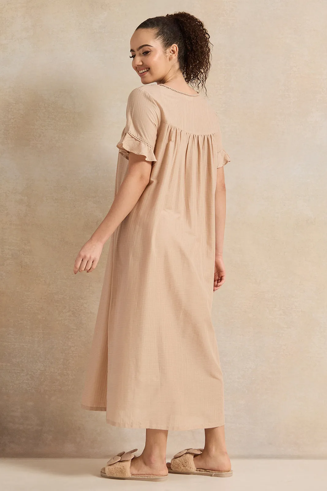 Women Beige With Neck Detail Nightgown