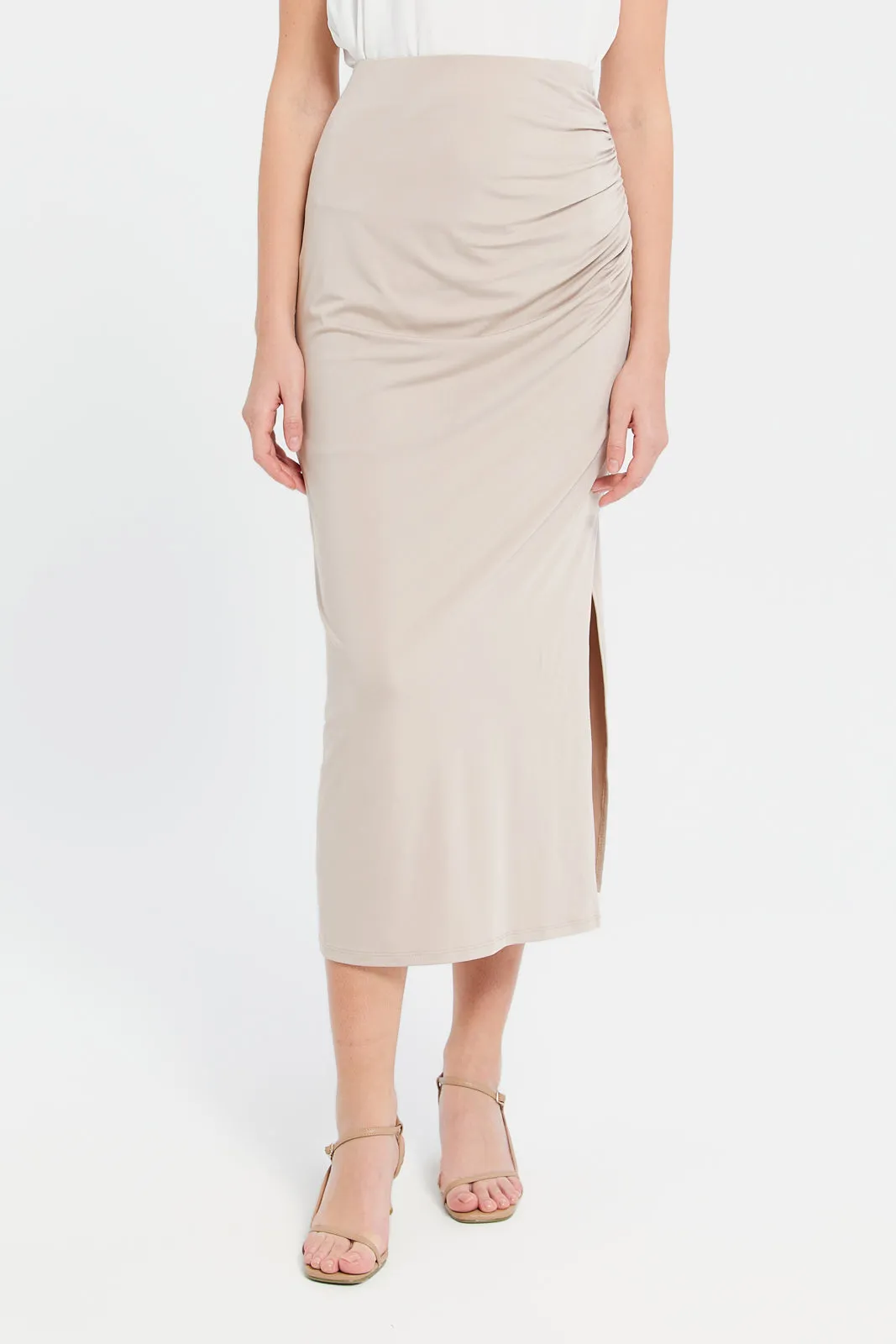 Women Beige With Side Gathers Skirt