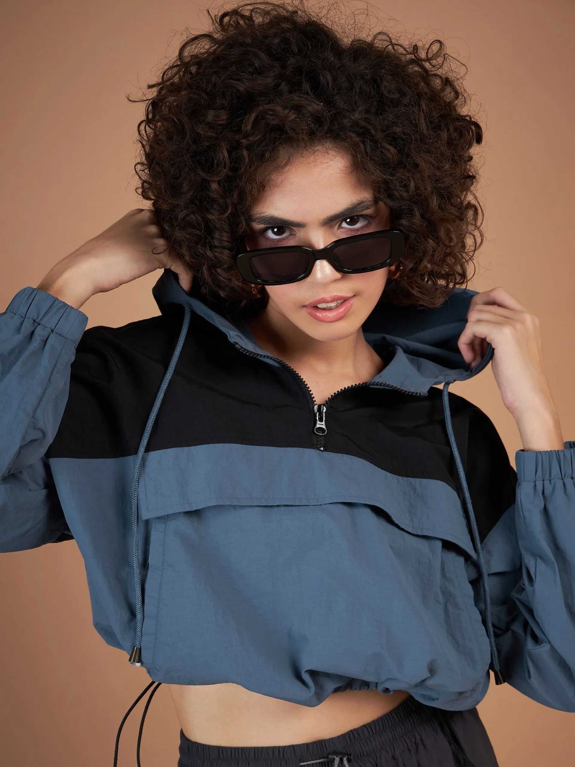 Women Black Colour Block Parachute Hoodie