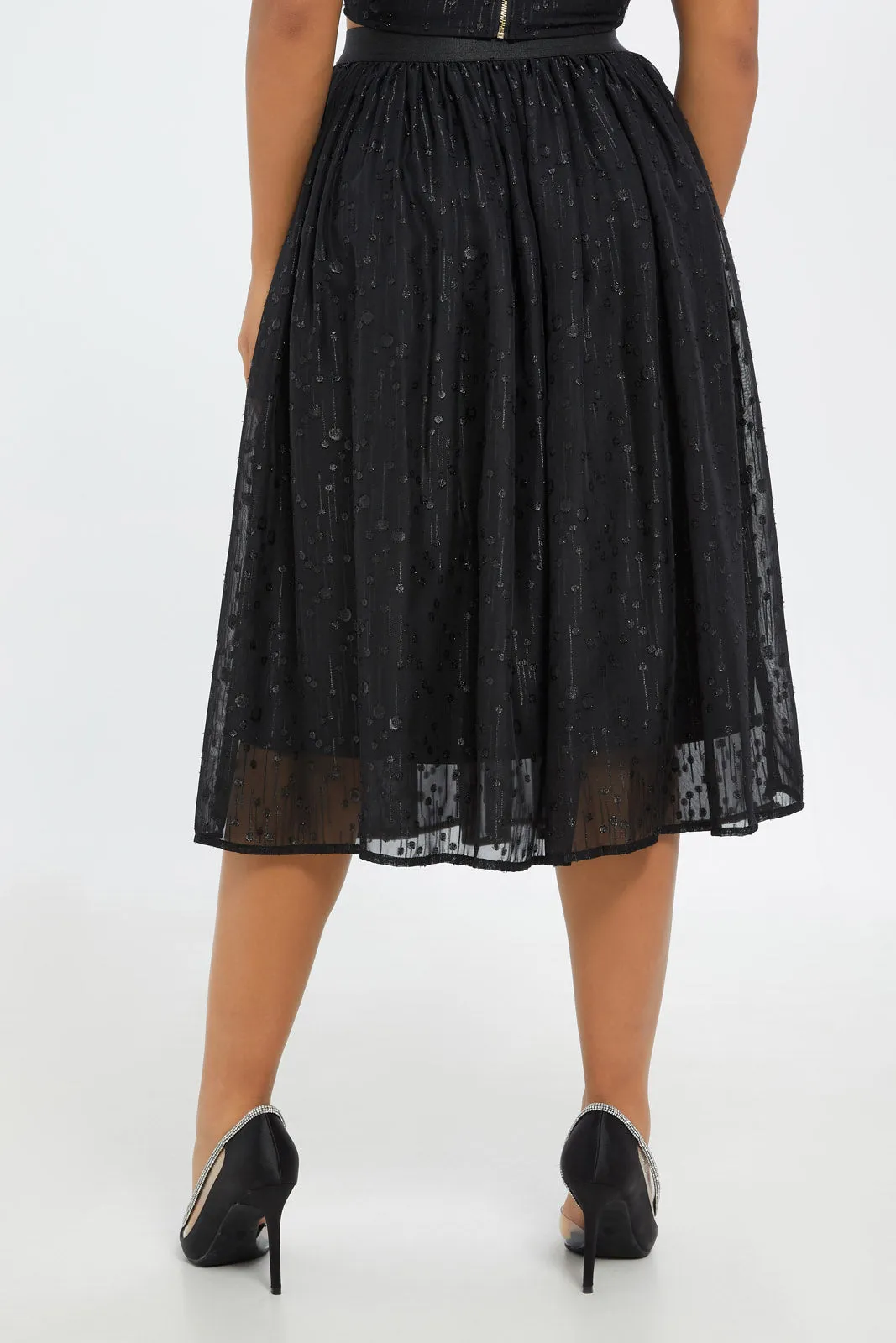 Women Black Metallic Midi Skirt