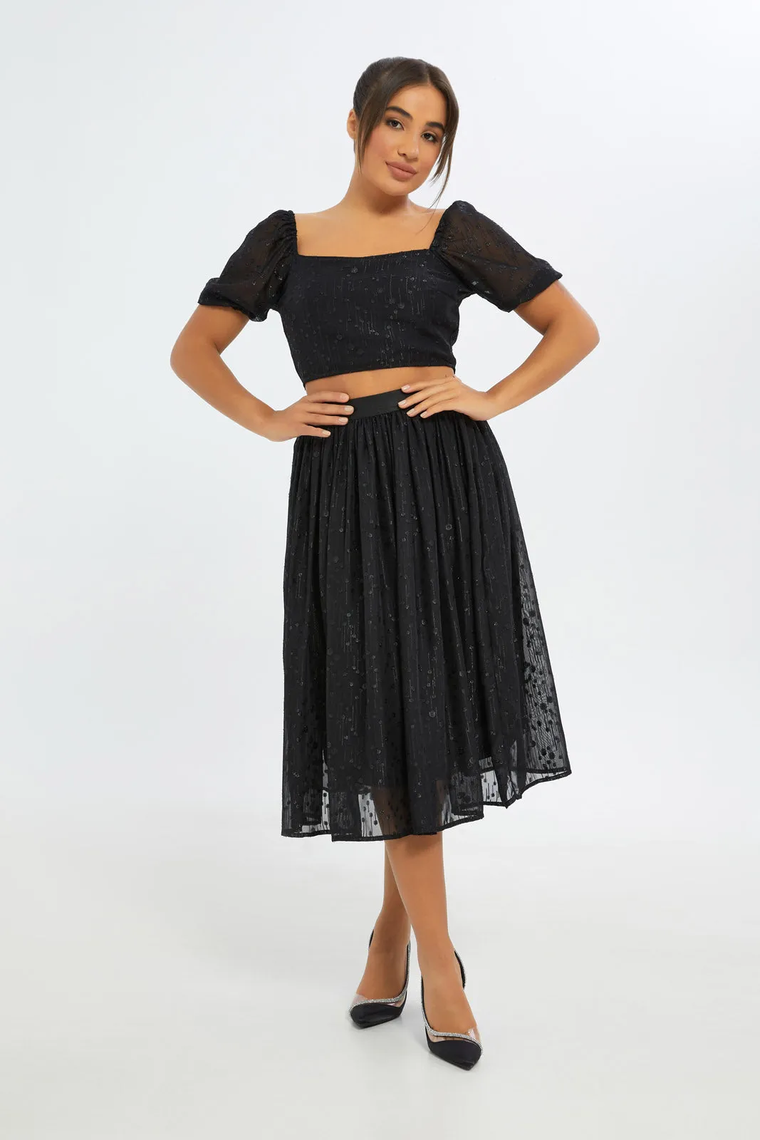 Women Black Metallic Midi Skirt