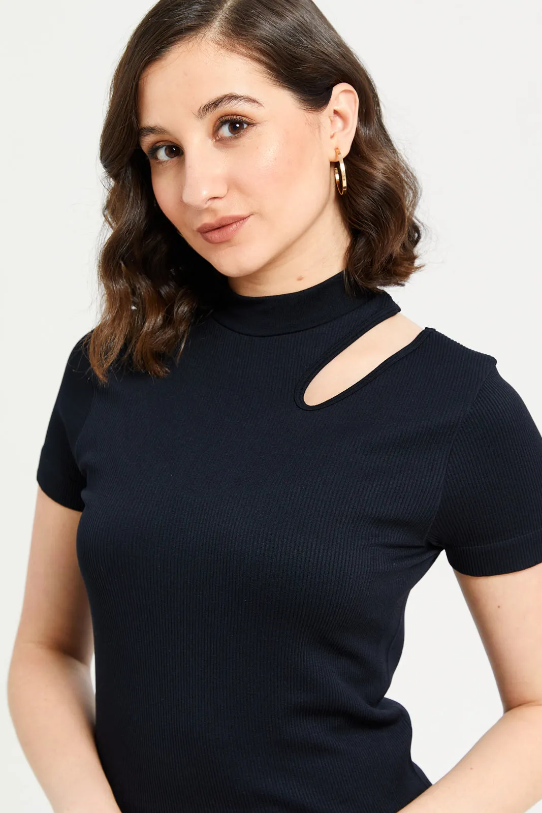 Women Black Ribbed Cutout T-Shirt