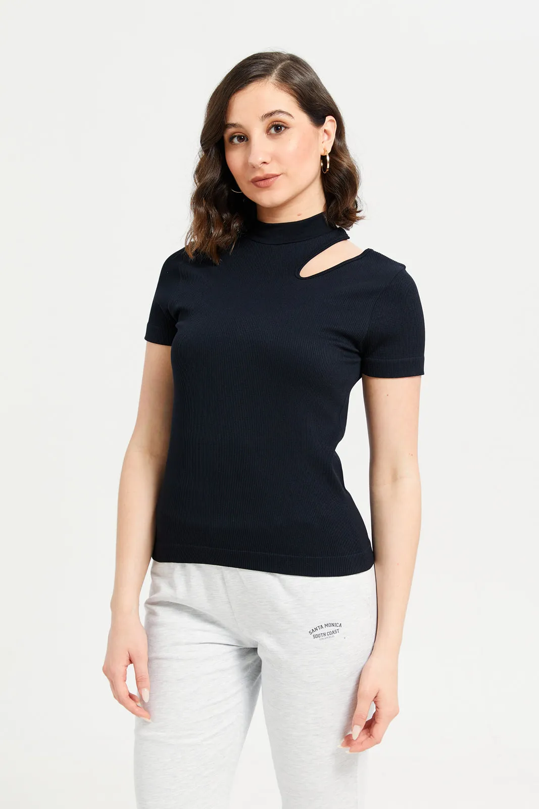 Women Black Ribbed Cutout T-Shirt