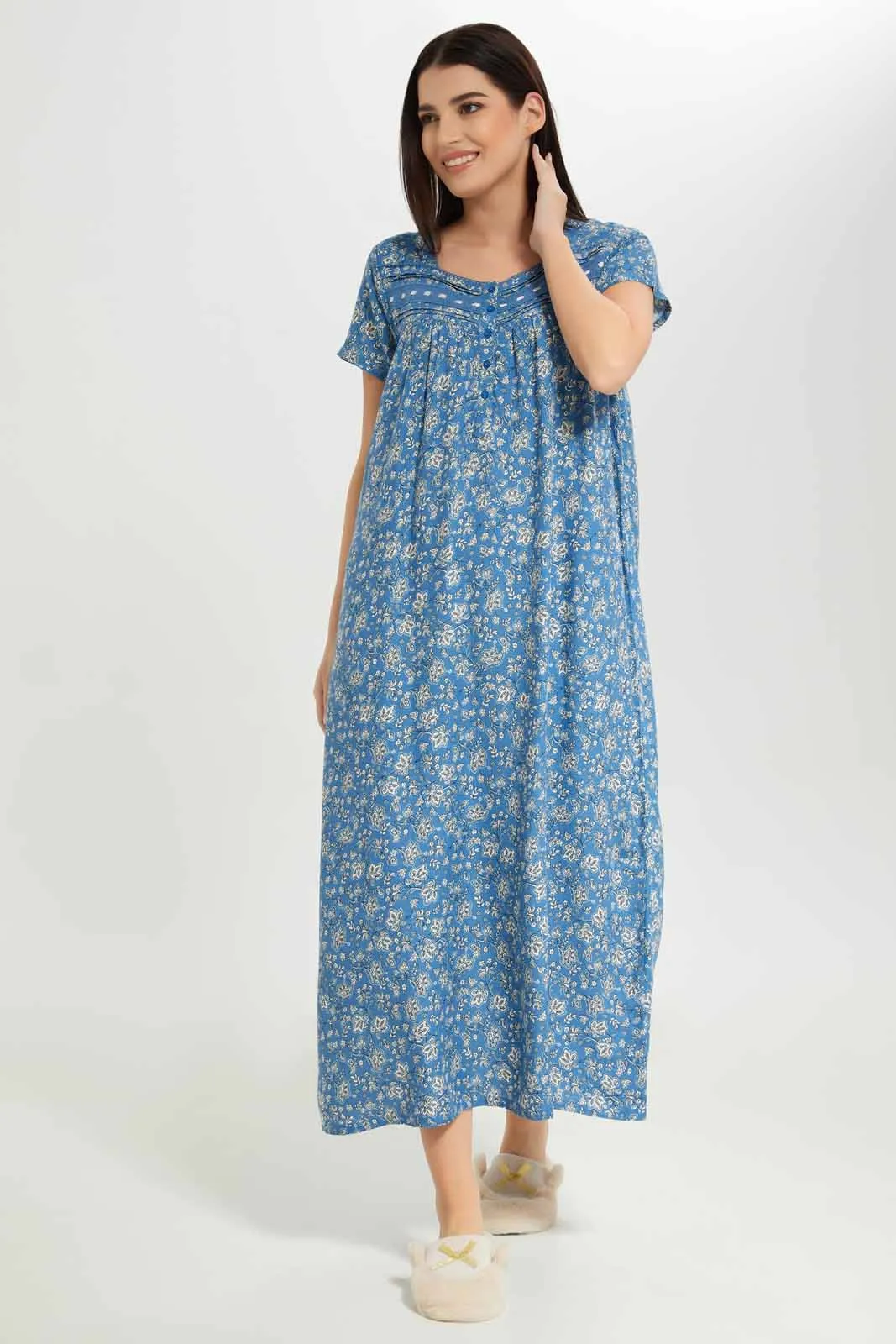 Women Blue Printed Nightgown