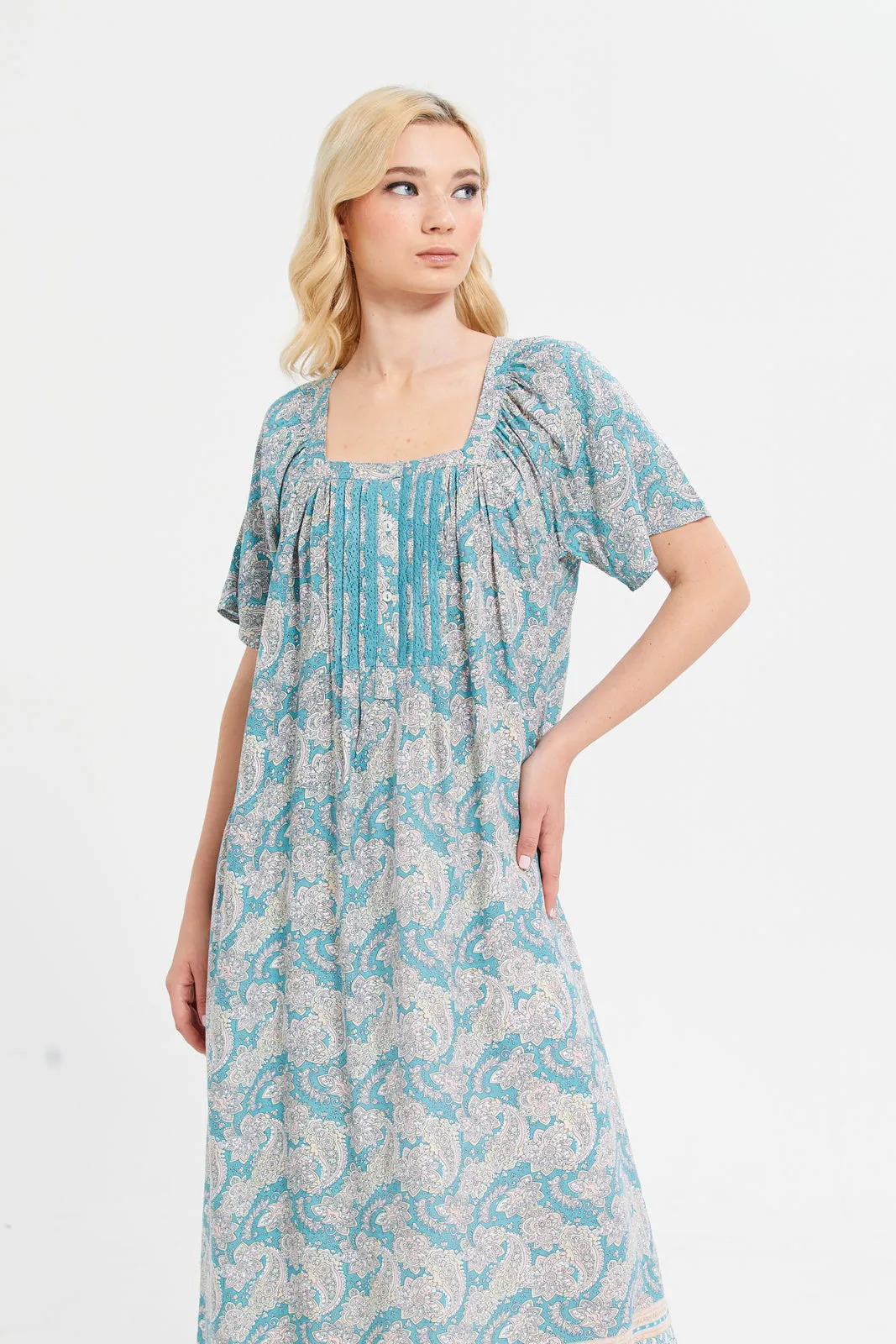 Women Blue Short Sleeve Dobby Lace Nightgown