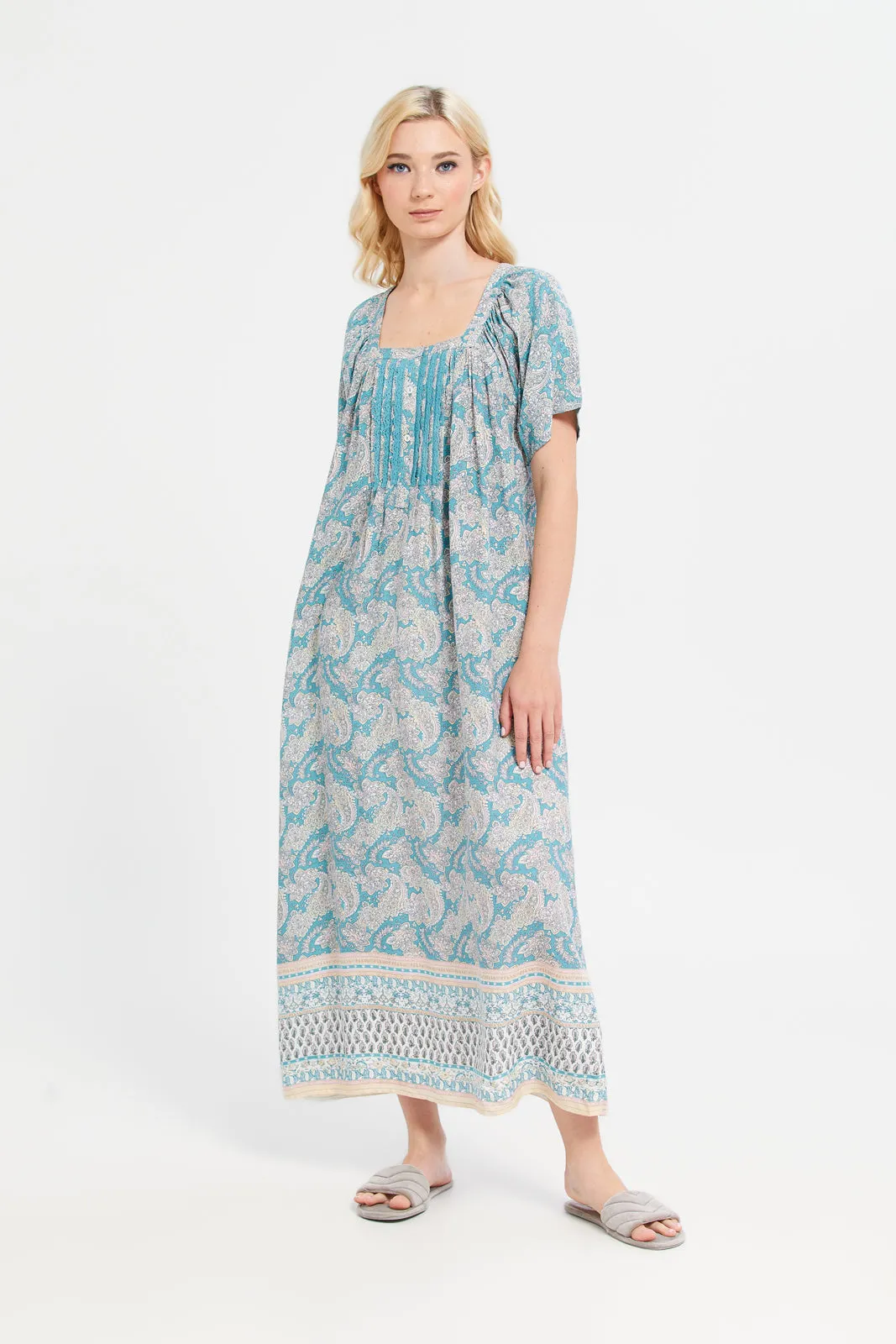 Women Blue Short Sleeve Dobby Lace Nightgown