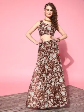 Women Brown Floral Crop Top With Aanrakali Skirt