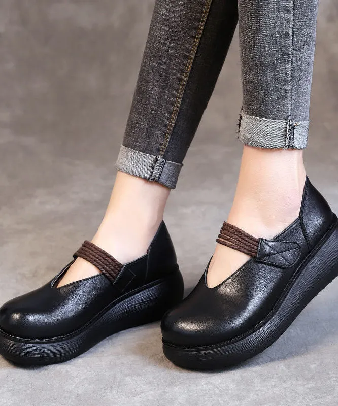 Women Buckle Strap High Wedge Heels Shoes Black Cowhide Leather