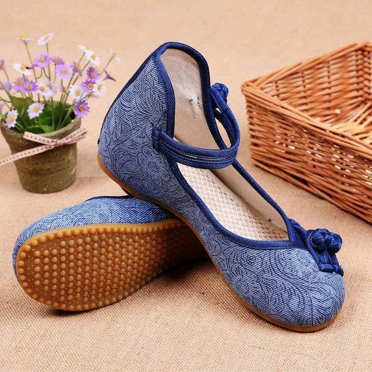 Women Buckle Strap Wedge High Wedge Heels Shoes Blue Oriental Cotton Fabric