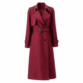 Women Burgundy Trench Coat With Sashes Double Breasted Long Coat