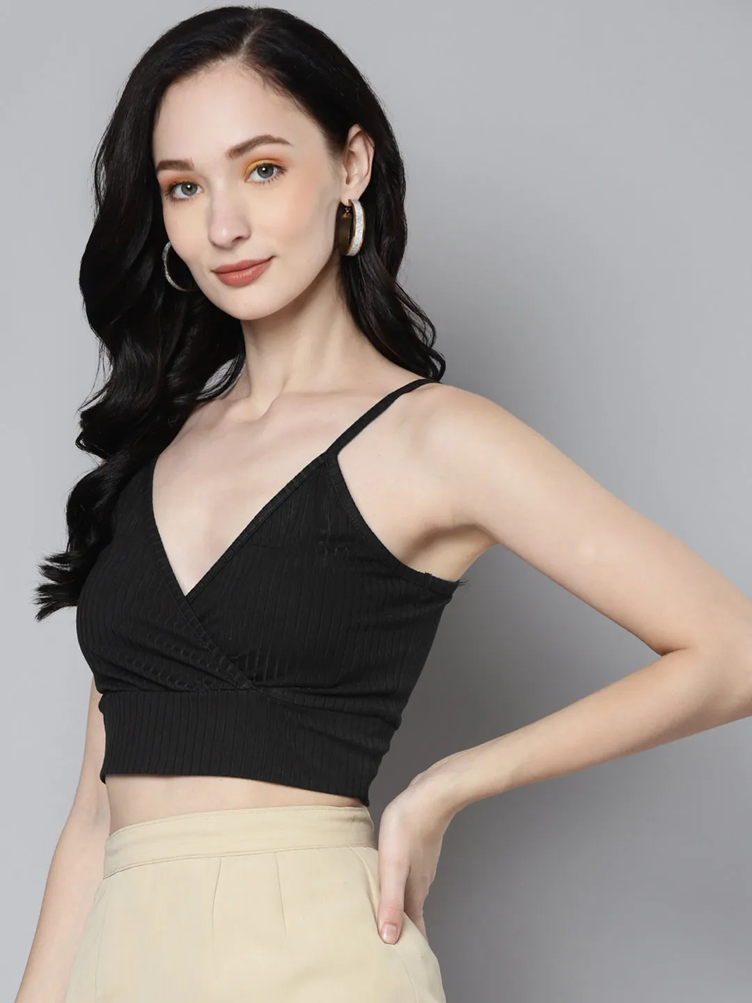 Women Charcoal Rib Wrap Neck Crop Top