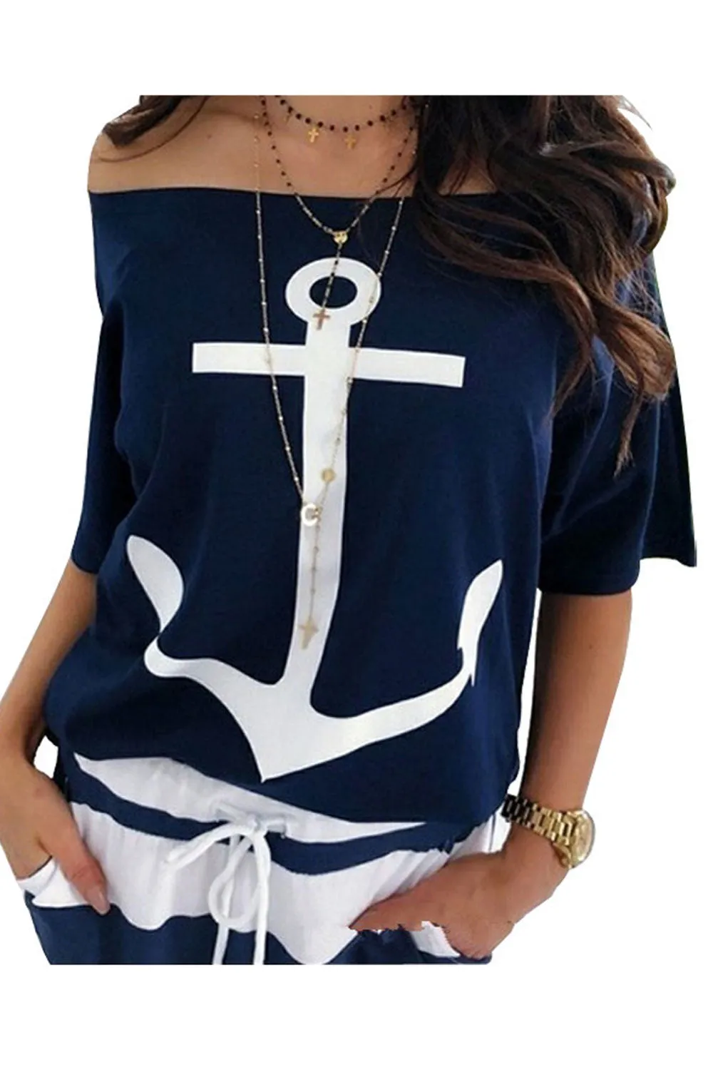 Women Comfy Ship Anchor Printed Off-Shoulder Sleeve Relaxable & Casual T-Shirt - WSB9591