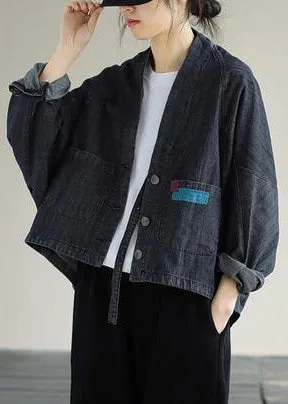 Women Denim Black Coats V Neck Button Down Spring Coats