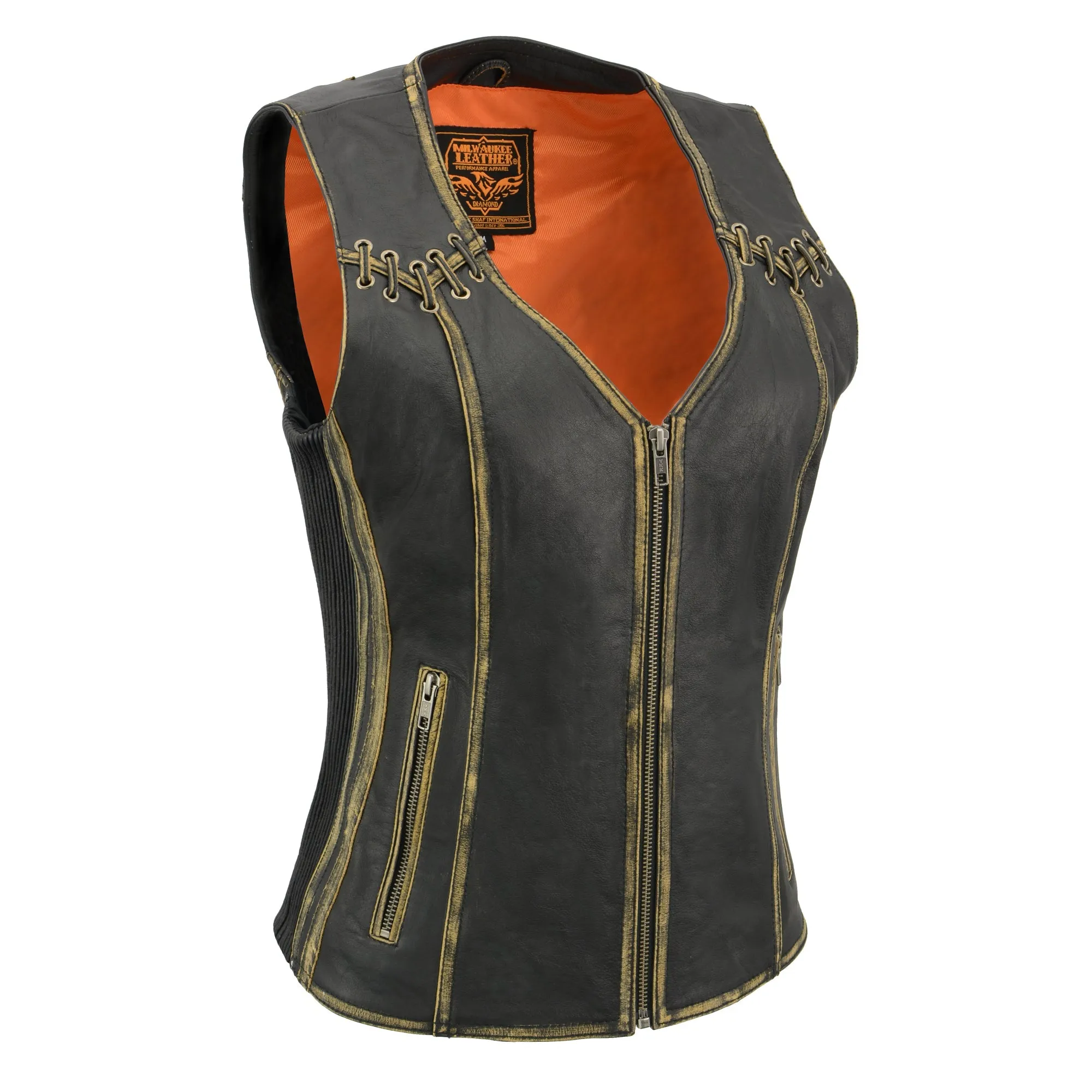 Women Distressed Brown Leather Vest with Lace design