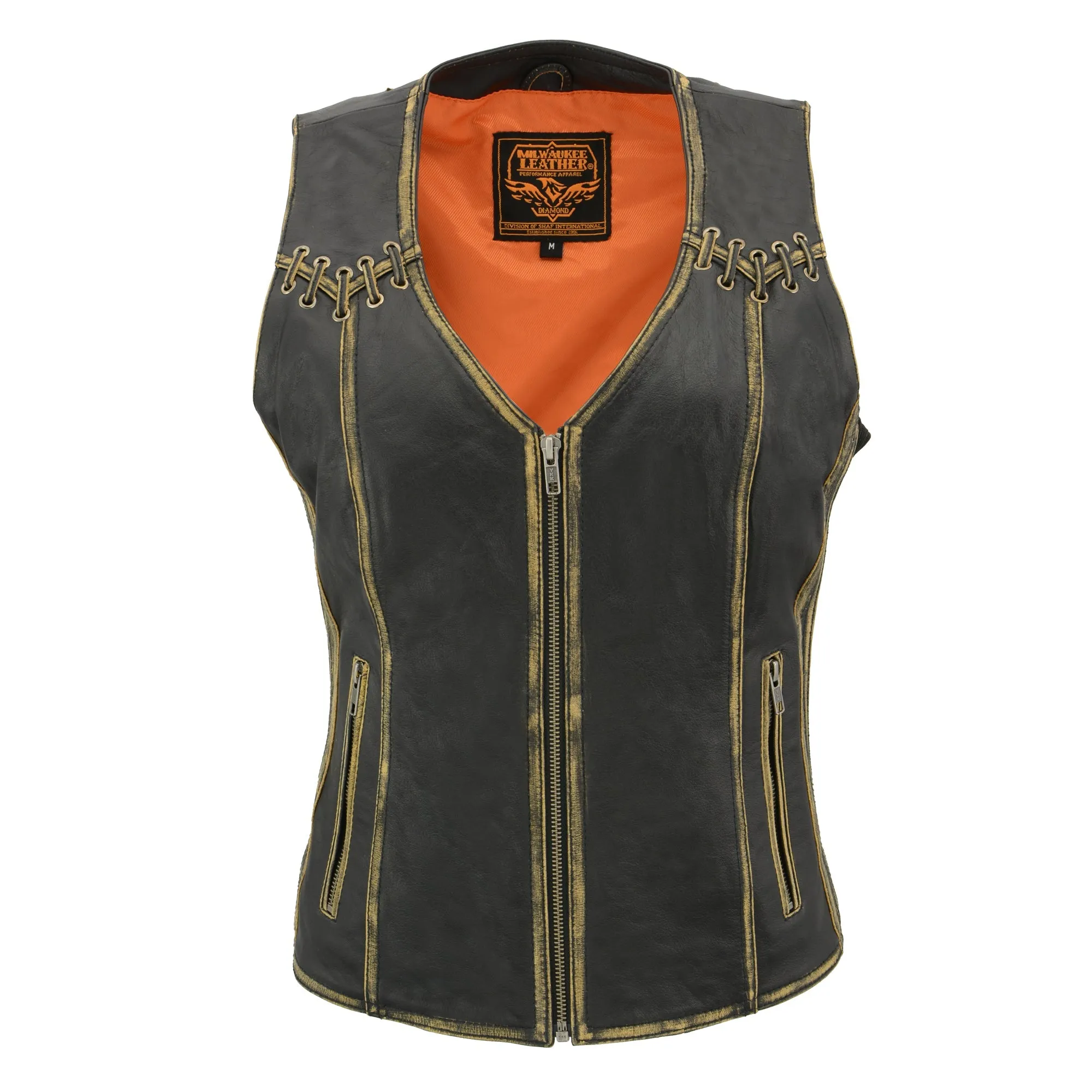 Women Distressed Brown Leather Vest with Lace design