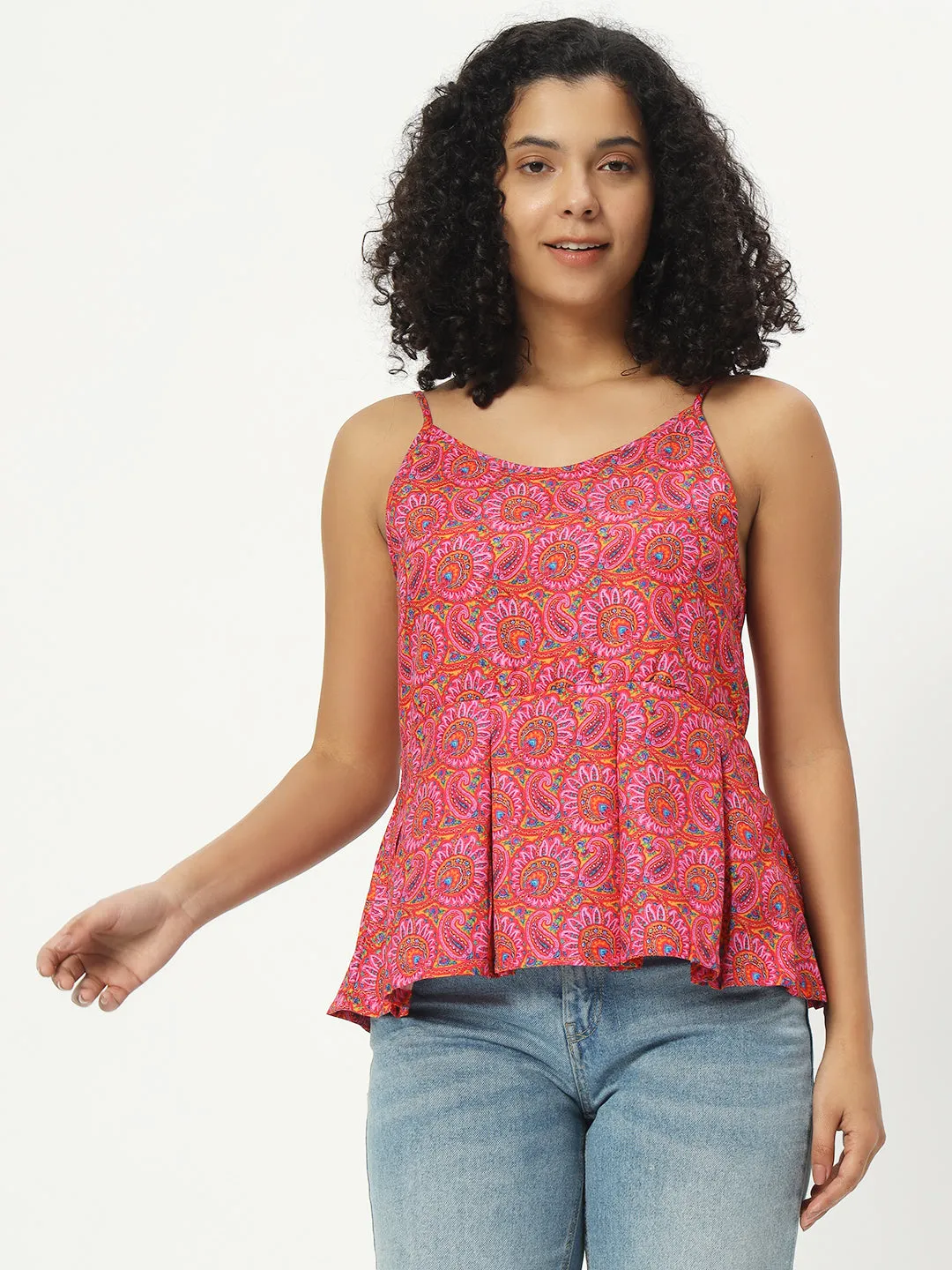 Women Floral Print Pink Cotton Top