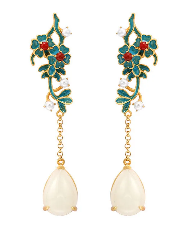 Women Gold Sterling Silver Jade Pearl Agate Floral Tassel Drop Earrings