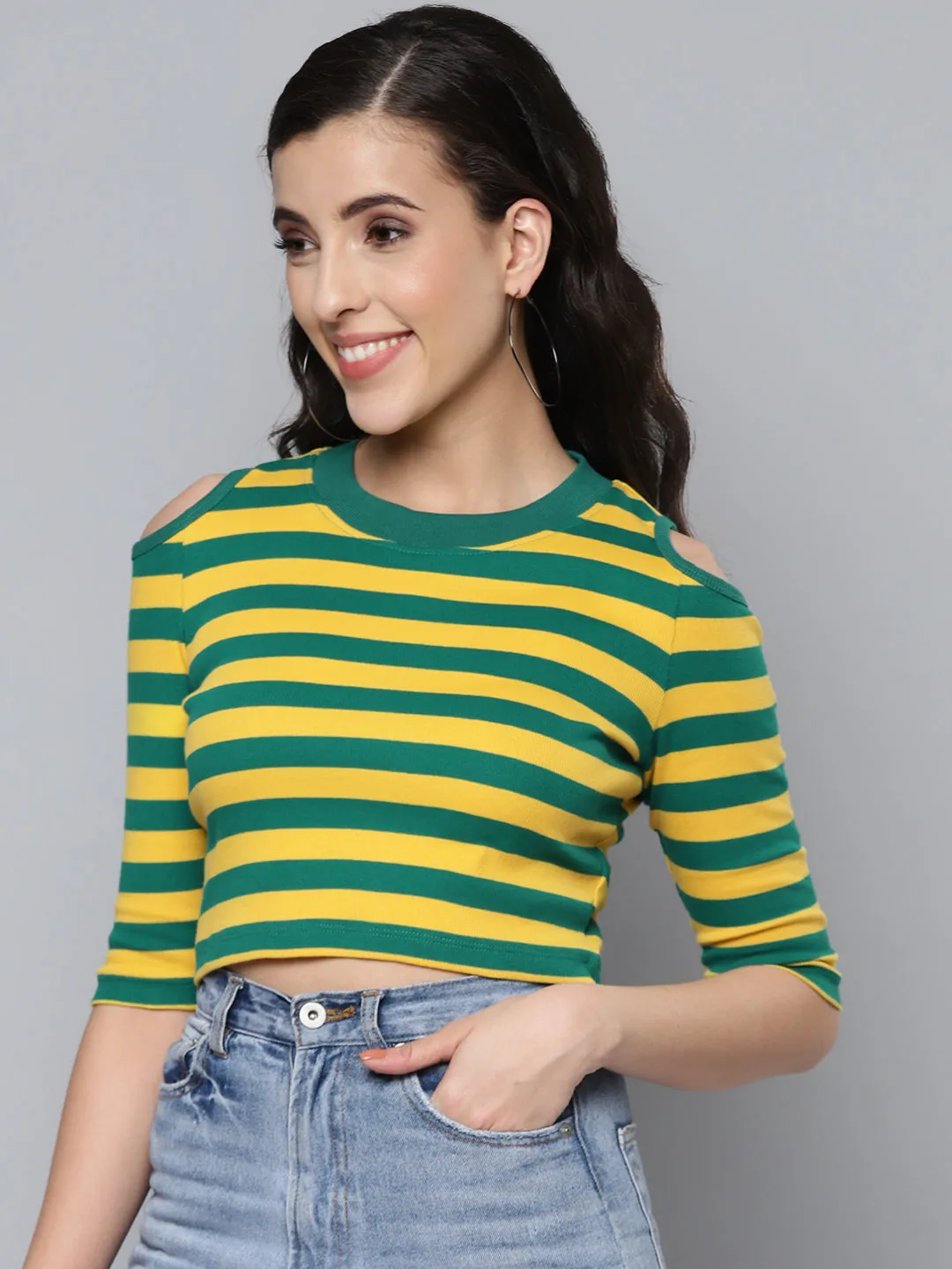 Women Green & Yellow Rib Cold Shoulder Crop Top