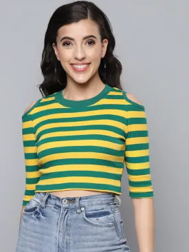 Women Green & Yellow Rib Cold Shoulder Crop Top