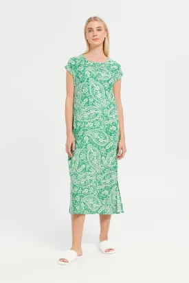 Women Green and White Printed Round Neck Nightgown