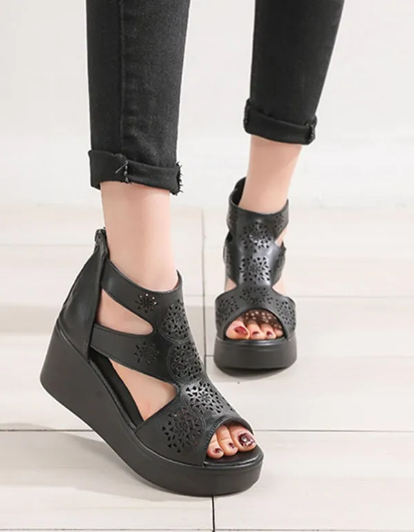 Women Handmade Retro Cut-out Wedge Ankle Sandals