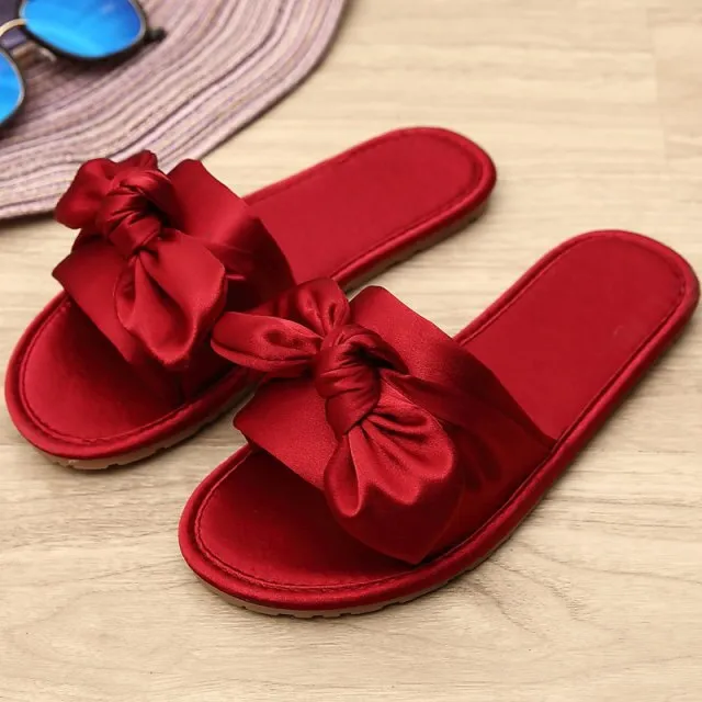 Women Home Slipper Indoor Outdoor Bow Flip-flops Fashion Silk Flat Shoes New Fashion Female Casual flower Print Slides SH021401