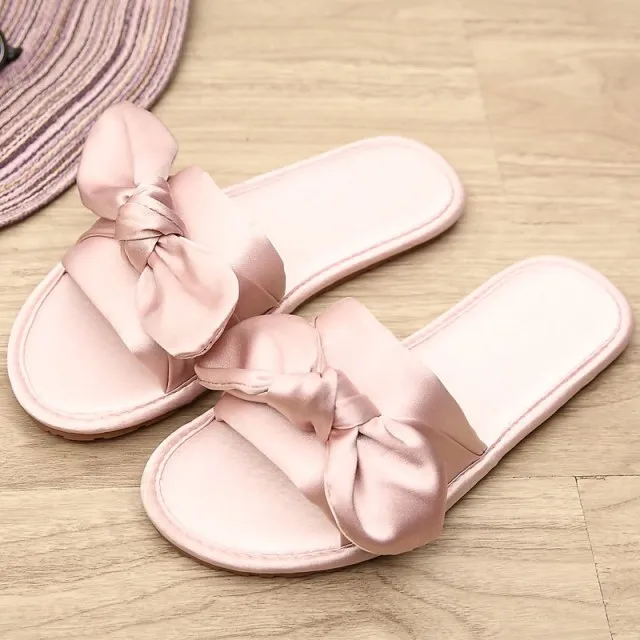 Women Home Slipper Indoor Outdoor Bow Flip-flops Fashion Silk Flat Shoes New Fashion Female Casual flower Print Slides SH021401