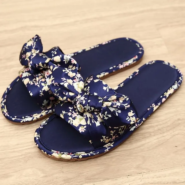 Women Home Slipper Indoor Outdoor Bow Flip-flops Fashion Silk Flat Shoes New Fashion Female Casual flower Print Slides SH021401