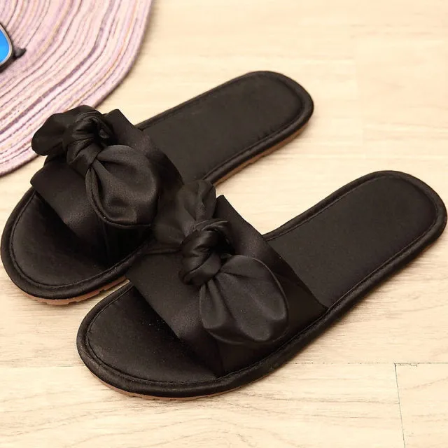 Women Home Slipper Indoor Outdoor Bow Flip-flops Fashion Silk Flat Shoes New Fashion Female Casual flower Print Slides SH021401