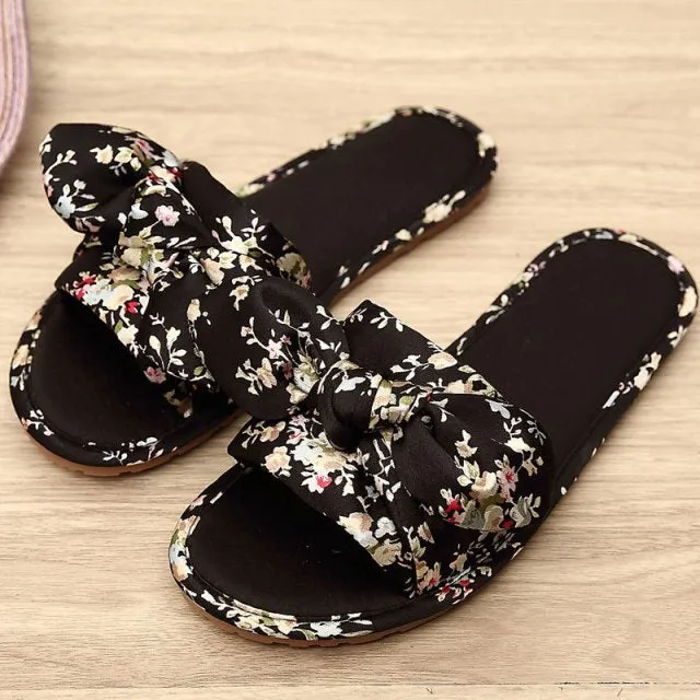 Women Home Slipper Indoor Outdoor Bow Flip-flops Fashion Silk Flat Shoes New Fashion Female Casual flower Print Slides SH021401