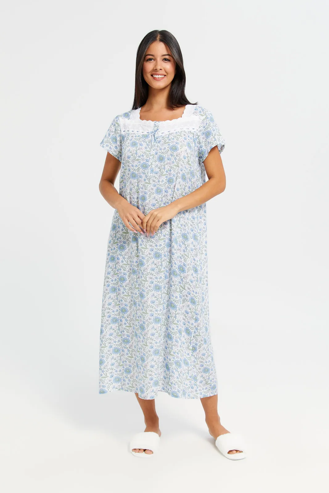 Women Ivory And Blue Printed Nightgown