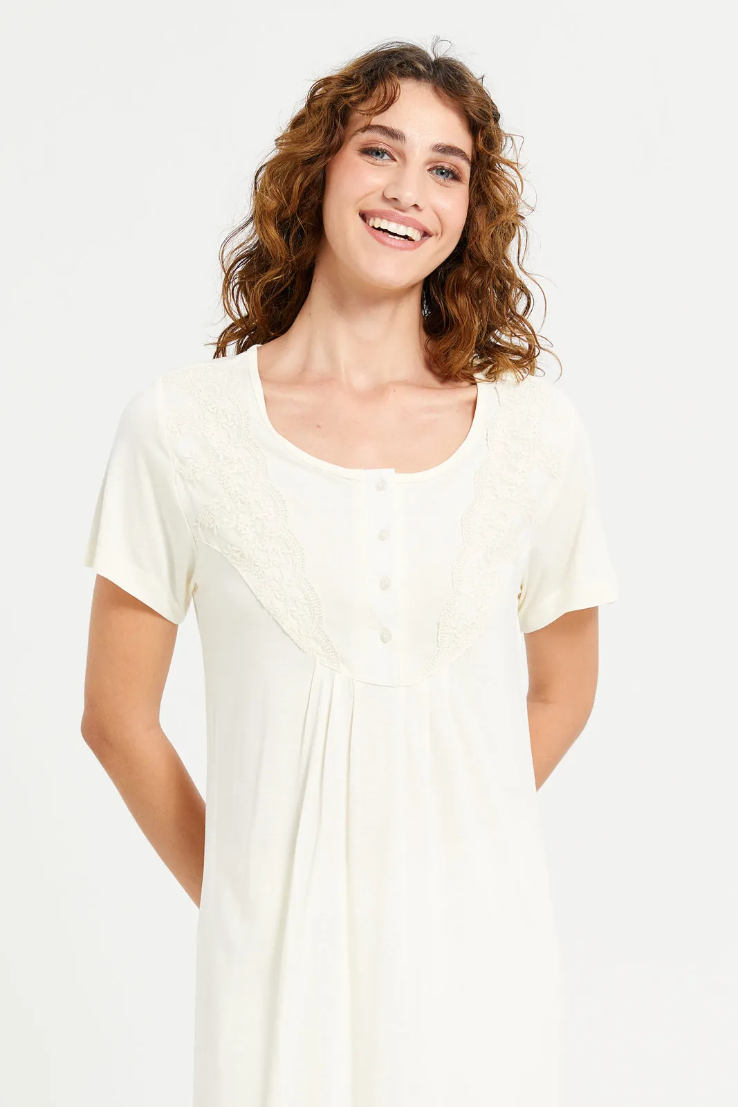 Women Ivory Embroidery Frill Sleeves Nightgown