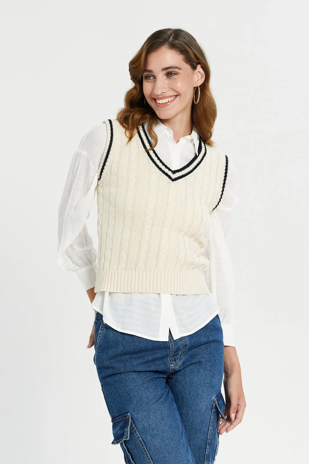 Women Ivory V- Neck Sleeveless Pullover