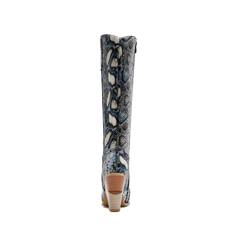 Women Knee High Boots Vintage Western Cowboy Boots Wedged-heel Knight Boots