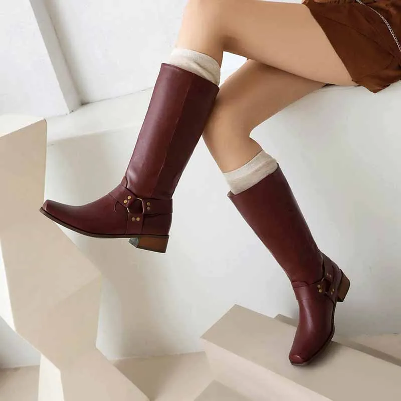 Women Knee High Comfortable Pull On Side Zipper Buckle Riding Boots