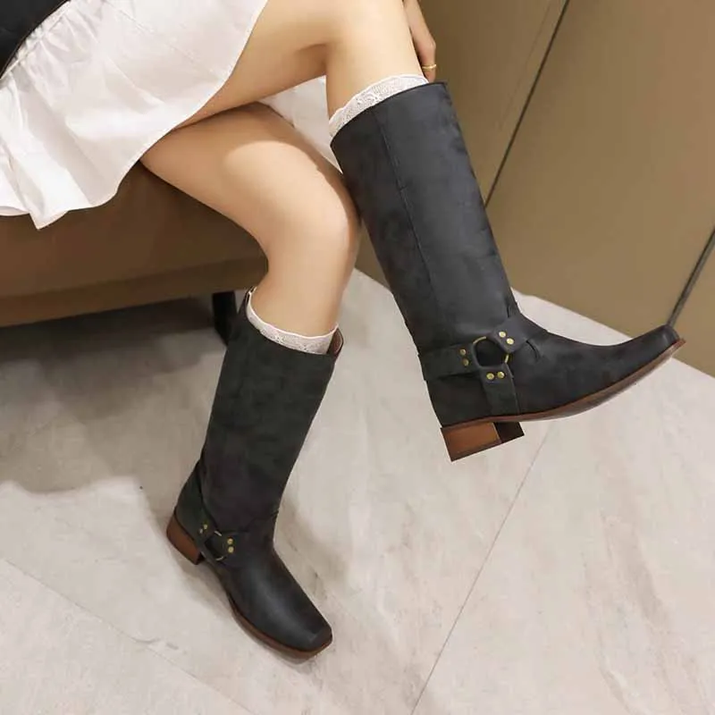 Women Knee High Comfortable Pull On Side Zipper Buckle Riding Boots