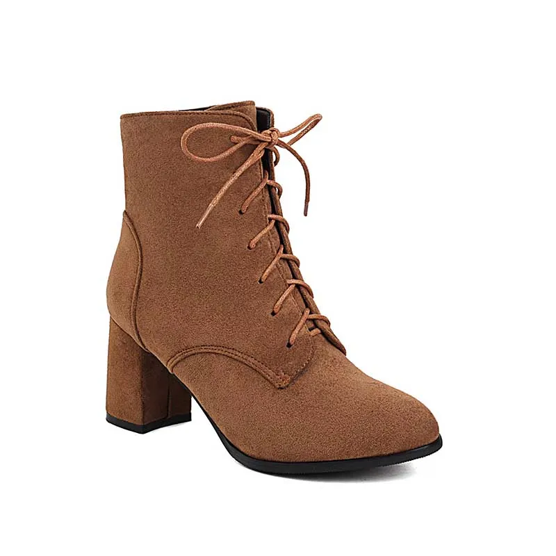 Women Lace-up Chunky High Heel Boots Vintage Ankle Booties Suede Shoes