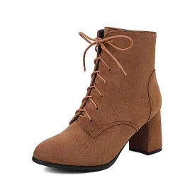 Women Lace-up Chunky High Heel Boots Vintage Ankle Booties Suede Shoes