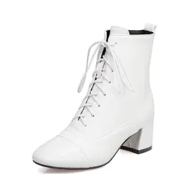 Women Lace-Up Faux Leather Block Heel Ankle Boots Dress Boots