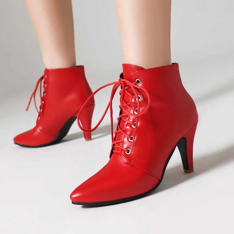 Women Lace-Up Faux Leather Low Heel Ankle Boots Dress Boots