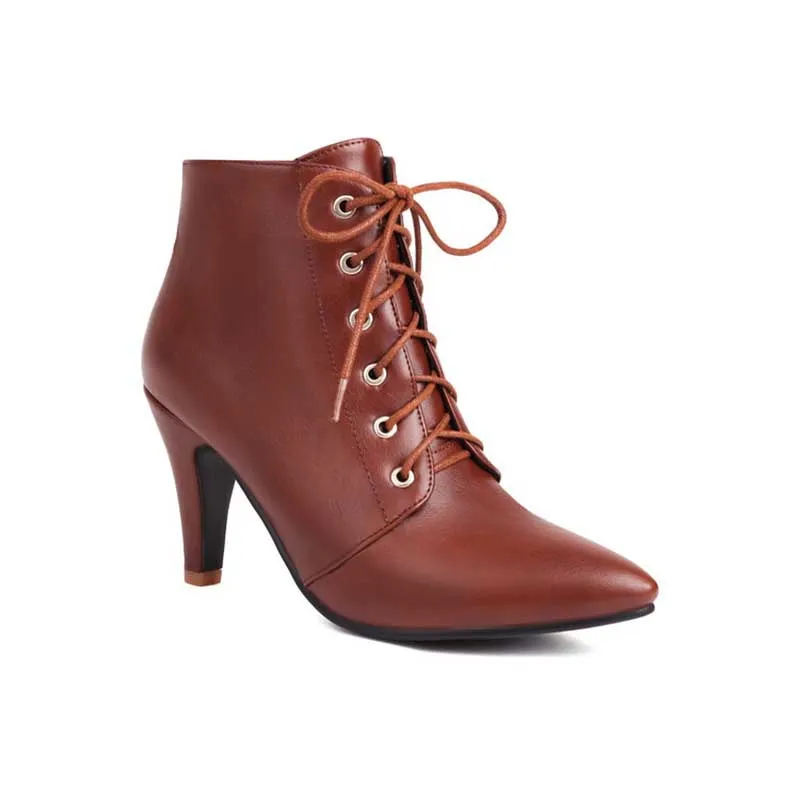 Women Lace-Up Faux Leather Low Heel Ankle Boots Dress Boots