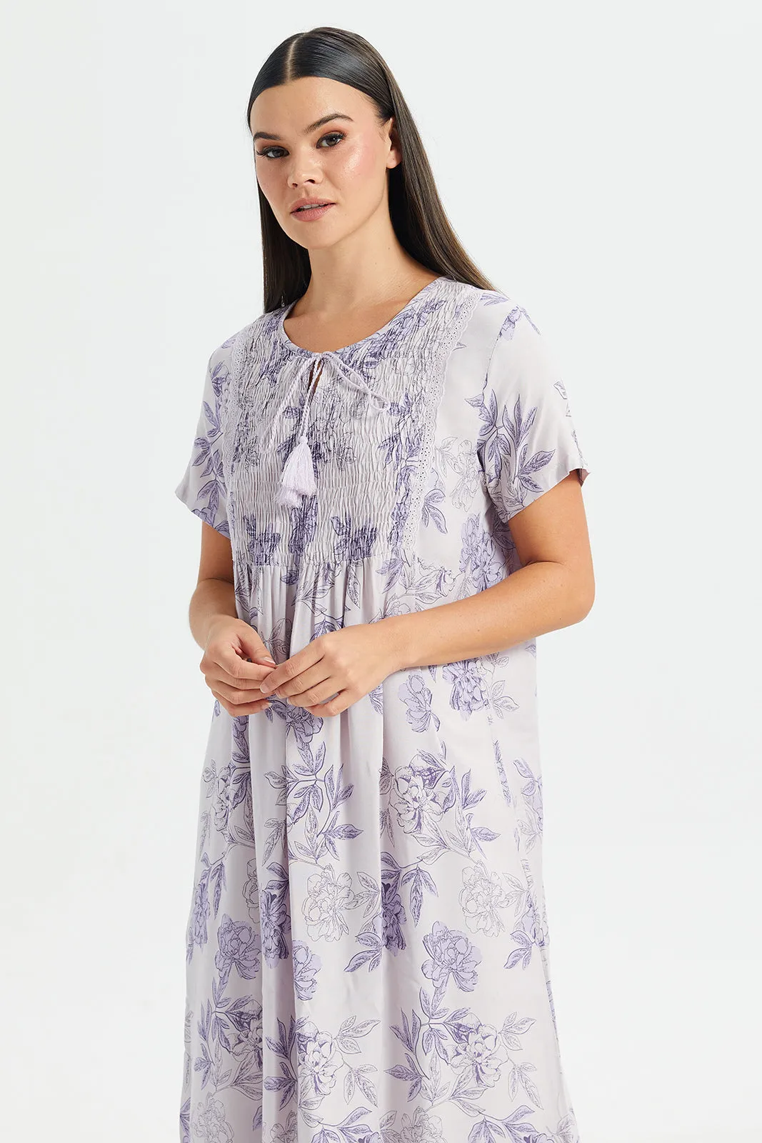 Women Lilac Aop Front Frill Nightgown