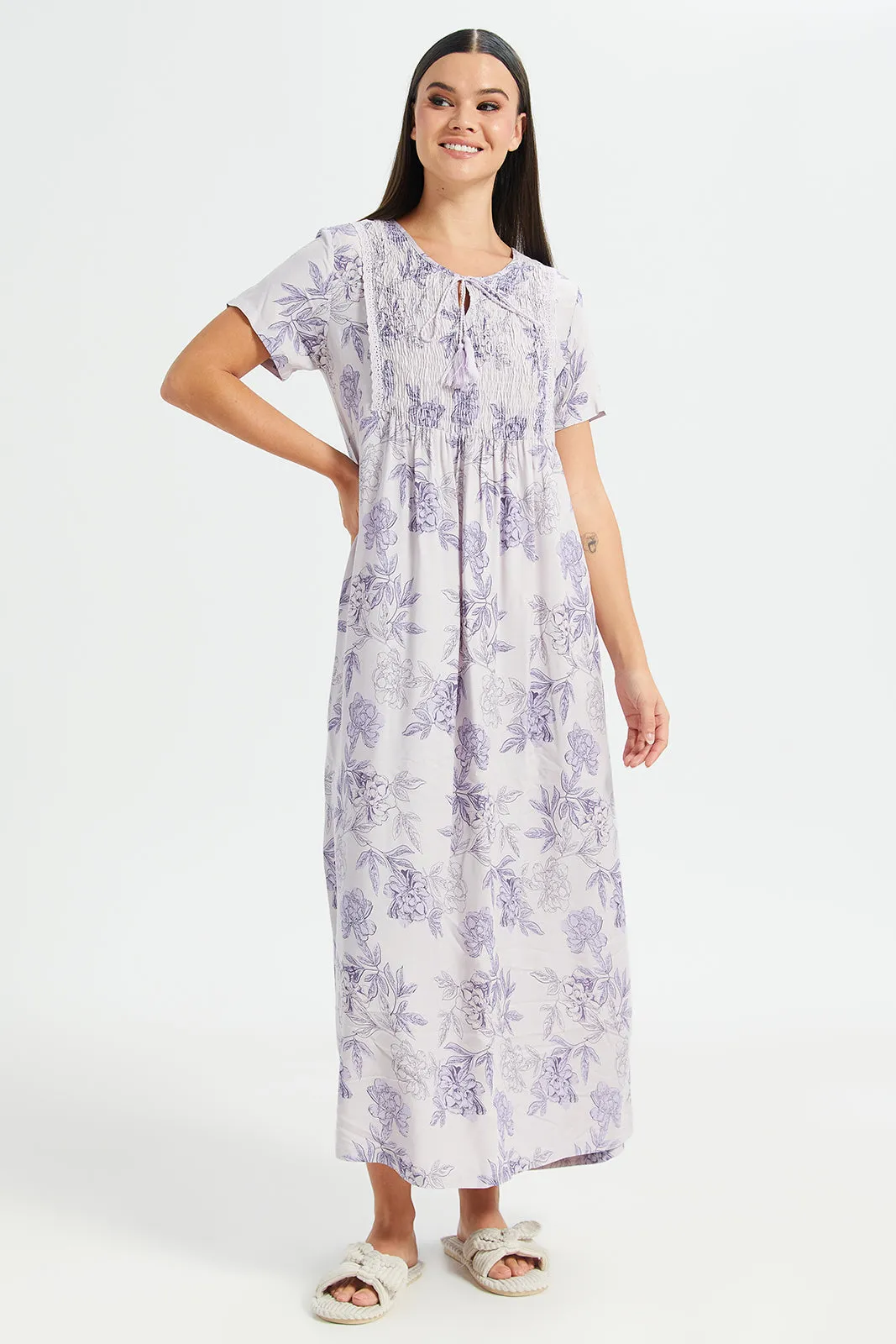 Women Lilac Aop Front Frill Nightgown