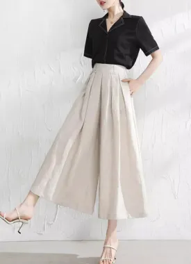 Women linen pants/Cropped trousers/black pants/high waist trousers/wide leg pants/elastic waist Pants/palazzo pants P0025