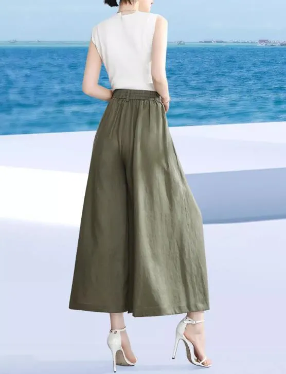 Women linen pants/Cropped trousers/black pants/high waist trousers/wide leg pants/elastic waist Pants/palazzo pants P0025