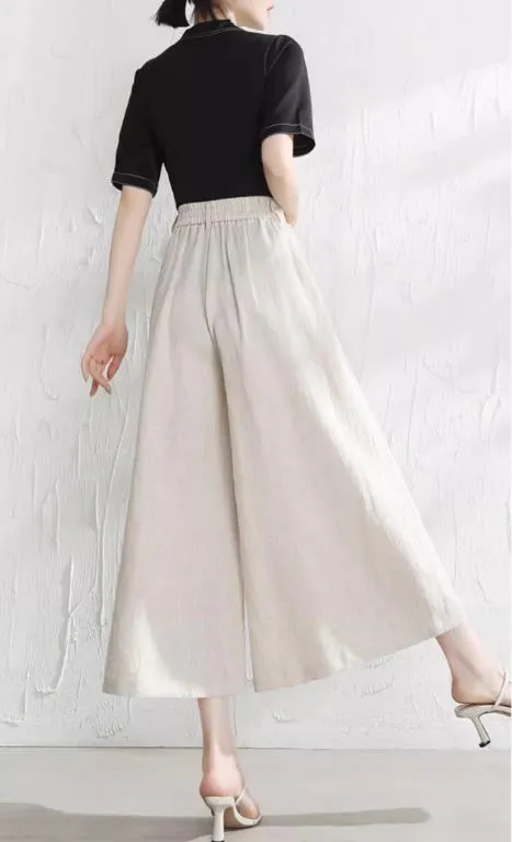 Women linen pants/Cropped trousers/black pants/high waist trousers/wide leg pants/elastic waist Pants/palazzo pants P0025