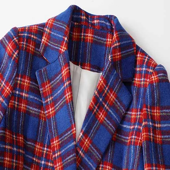 Women Long Sleeve Checked Blazer Coat Blue