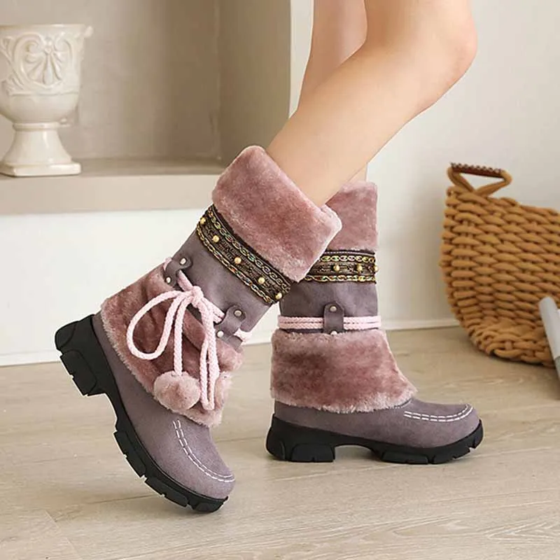 Women Low Heel Snow Boots Winter Warm Round Toe Plush Boots Lace Up Mid Boots